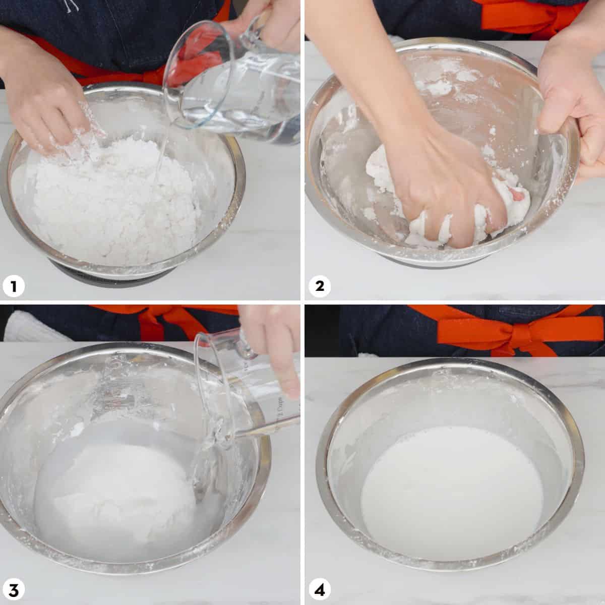 Process shots for how to make fresh rice noodles steps 1-4
