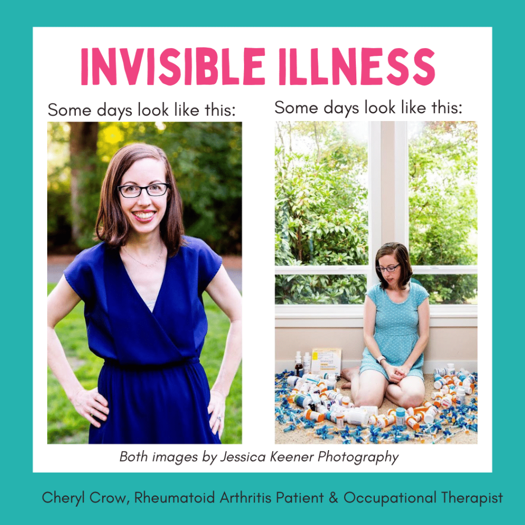 Each images says "invisible illness" on the top, with two juxtapposing pictures of what it looks like on a good day versus a bad day