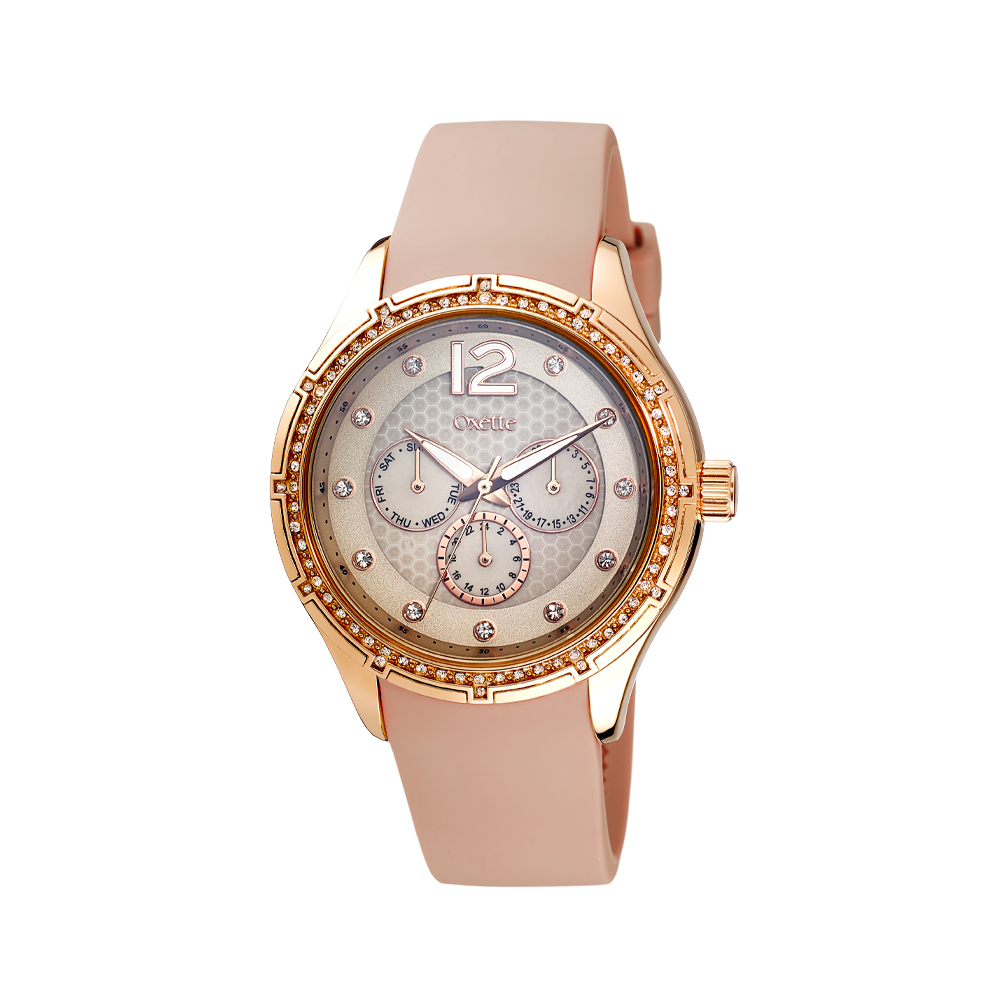 Ceas dama placat cu aur galben de 18 K si bratara din silicon nude Africa, 11X75-00289, Oxette Romania