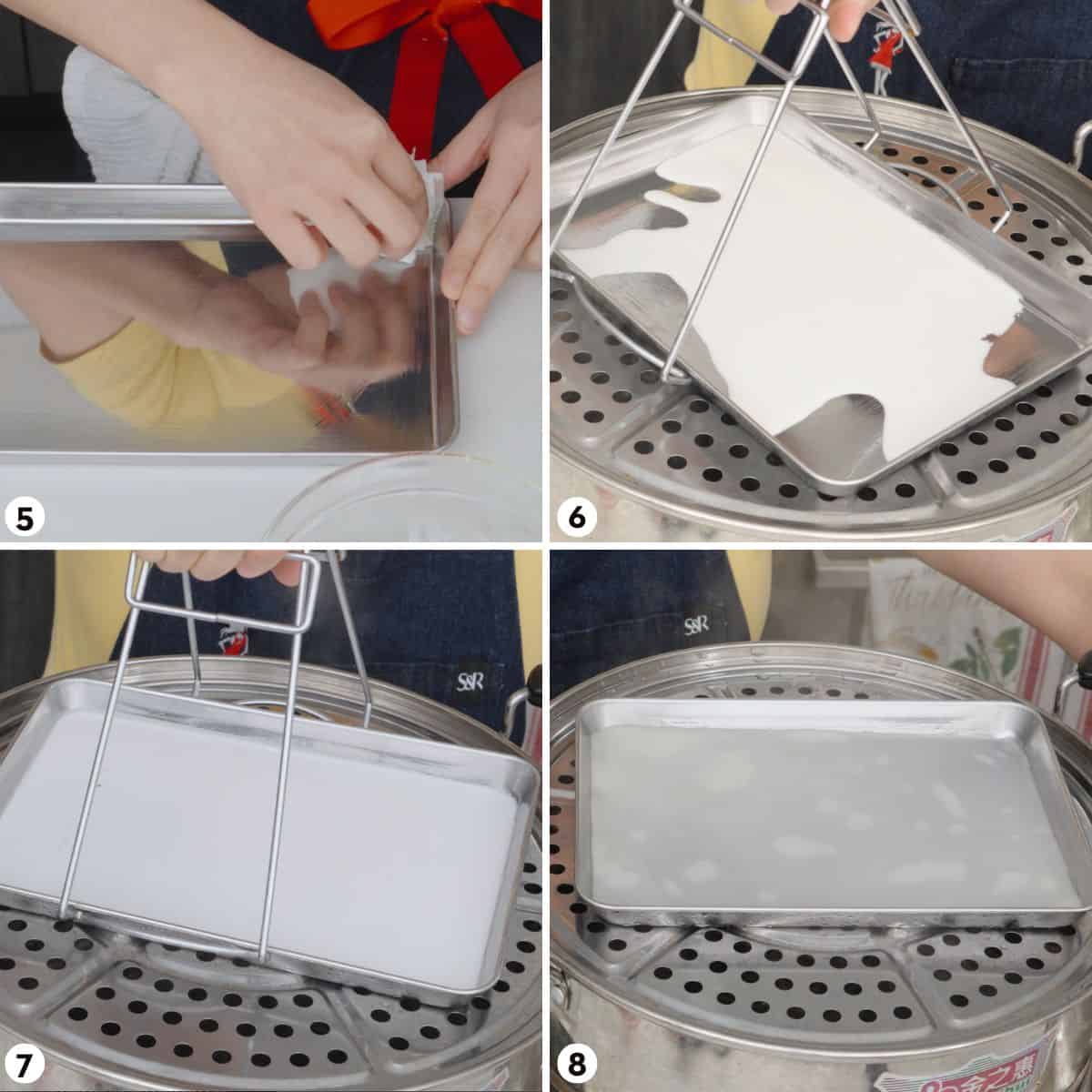 Process shots for how to make fresh rice noodles steps 5-8