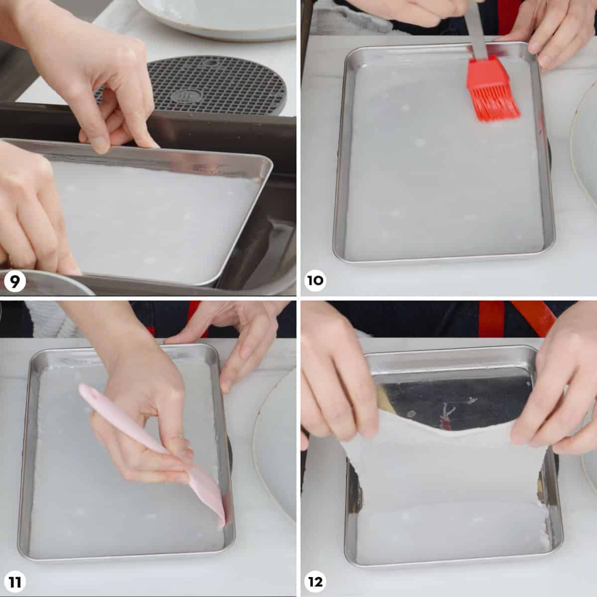 Process shots for how to make fresh rice noodles steps 9-12