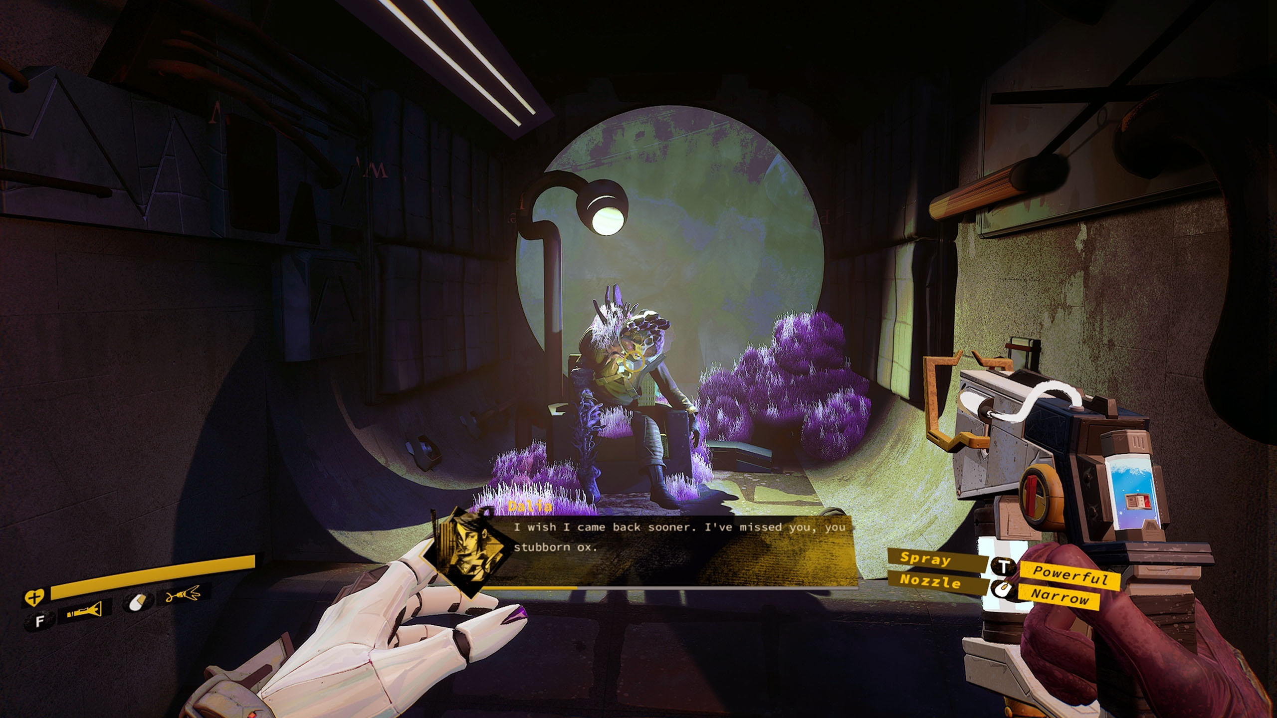 A screenshot from Ambrosia Sky in which Dalia discovers the corpse of someone she once knew, his body now overrun by fungal spores. “I wish I came back sooner. I’ve missed you, you stubborn ox,” she says (via dialog box).