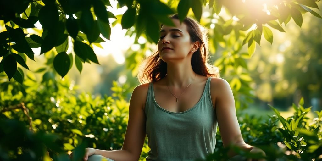 A woman meditating peacefully, symbolizing the release of guilt and finding balance in recovery.