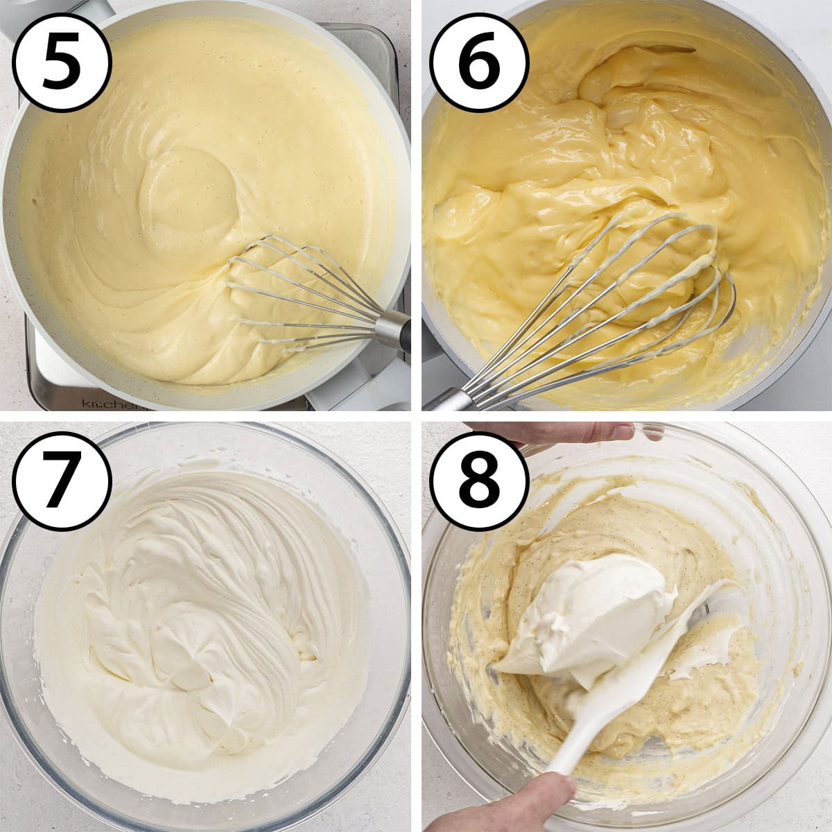 Process Shot Collage: cooking the pastry cream on the stove, whipping the cream and folding it into the chilled pastry cream.