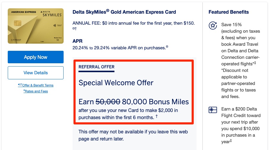 Delta SkyMiles Gold 80K Referral Offer
