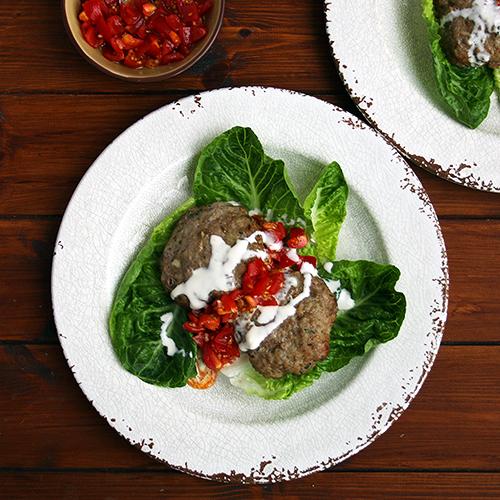 Fennel Pork Patties with Lemon Mayo and Garlic Tomatoes Keto