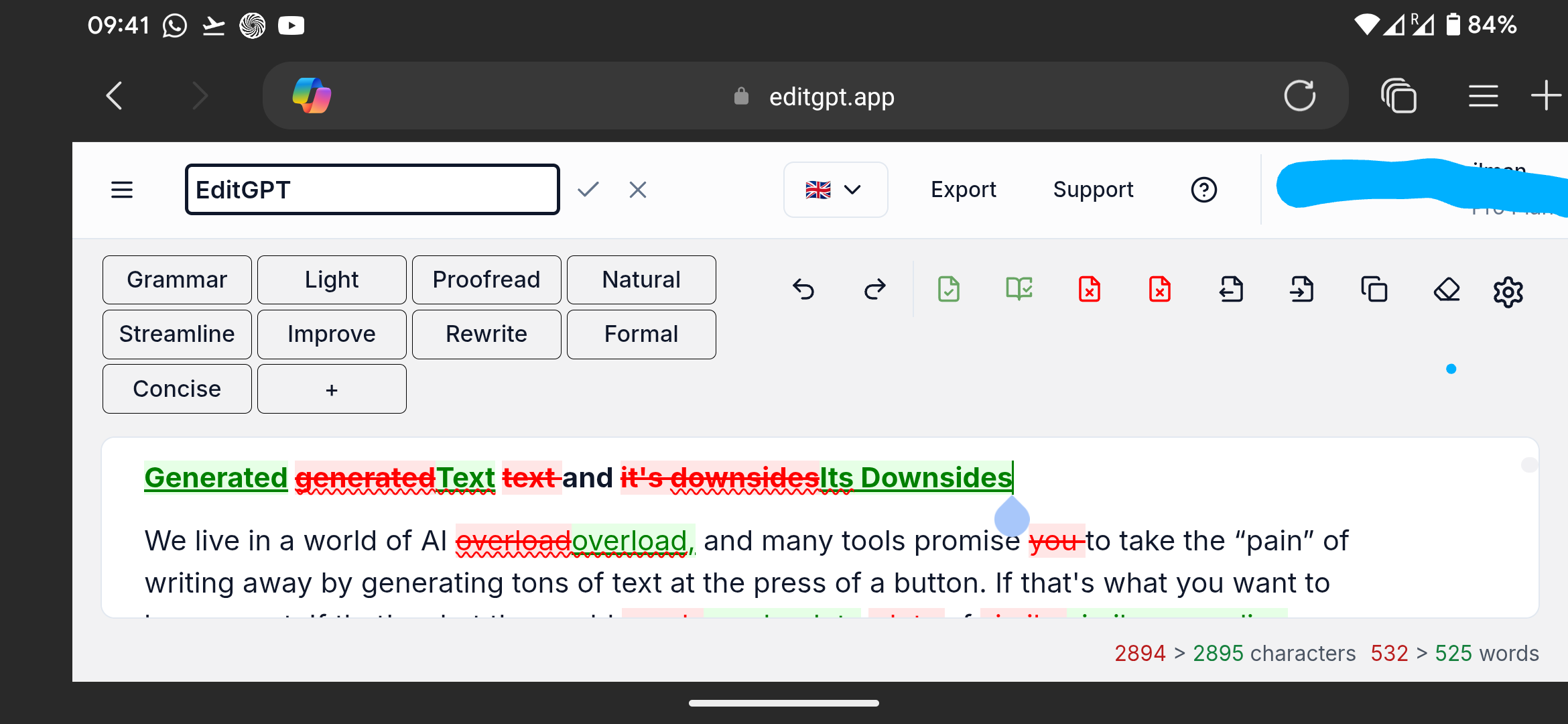 The EditGPT interface showing how it offered me changes to the text of this blog post with deletions and insertions. 