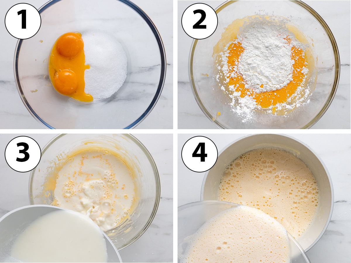 Process shot collage: mixing eggs, sugar and cornstarch then tempering with hot milk.