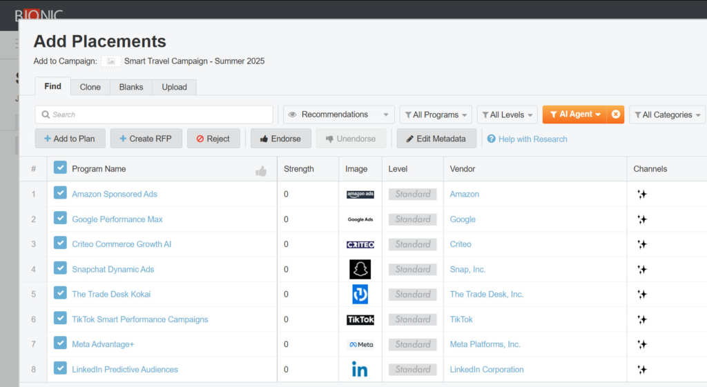 Screenshot of the Finder in Bionic for Agencies displaying AI Agent channel programs.