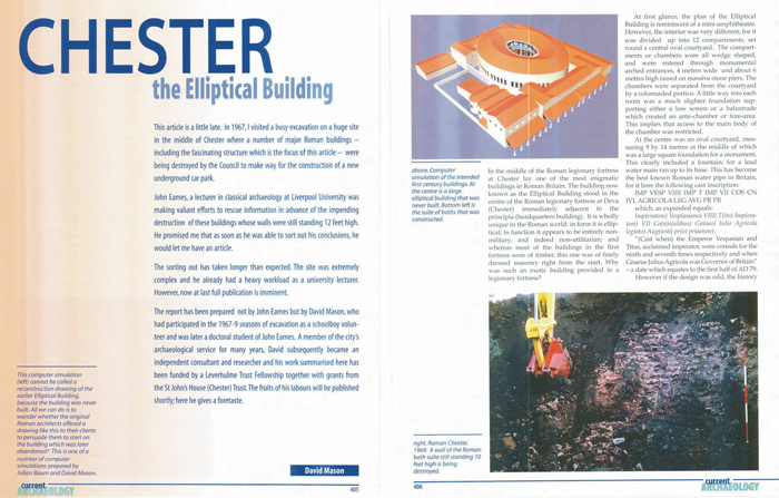 Double page from Current Archaeology 167. Headline reads 'Chester: the Elliptical Building'. Reconstruction image of elliptical building, photograph of digger against dark soil.