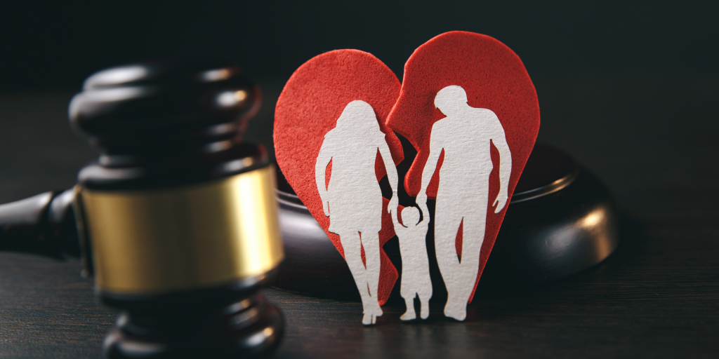 Image depicting a gavel next to a broken heart with a silhouette of a family, symbolising the complexities of caveats in family law disputes.