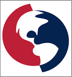 A logo with stylized North and South American continents outlined in crimson and dark blue.
