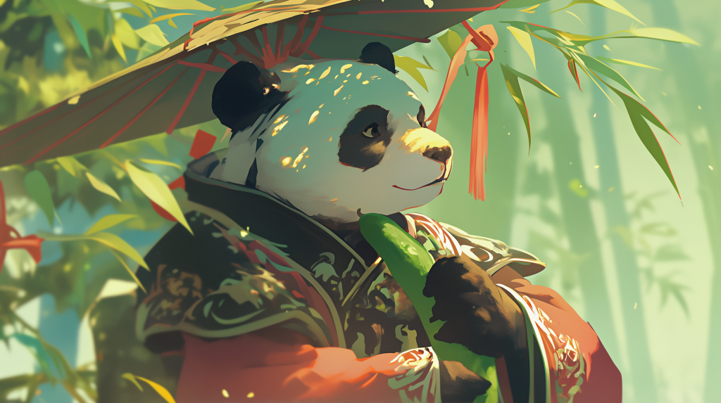 A panda wearing ancient Chinese robes and holding a cucumber.