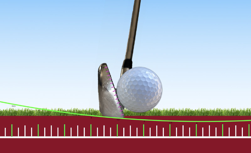 A golf iron shot struck high on the face
