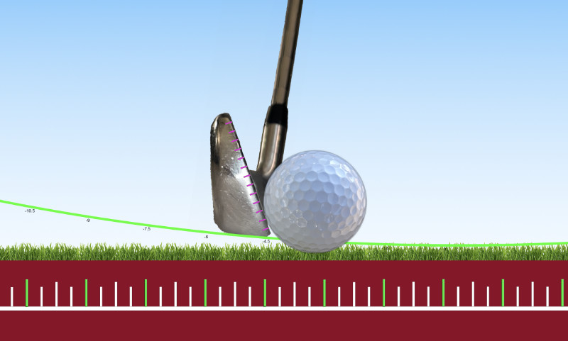 A golf iron shot being struck low on the face