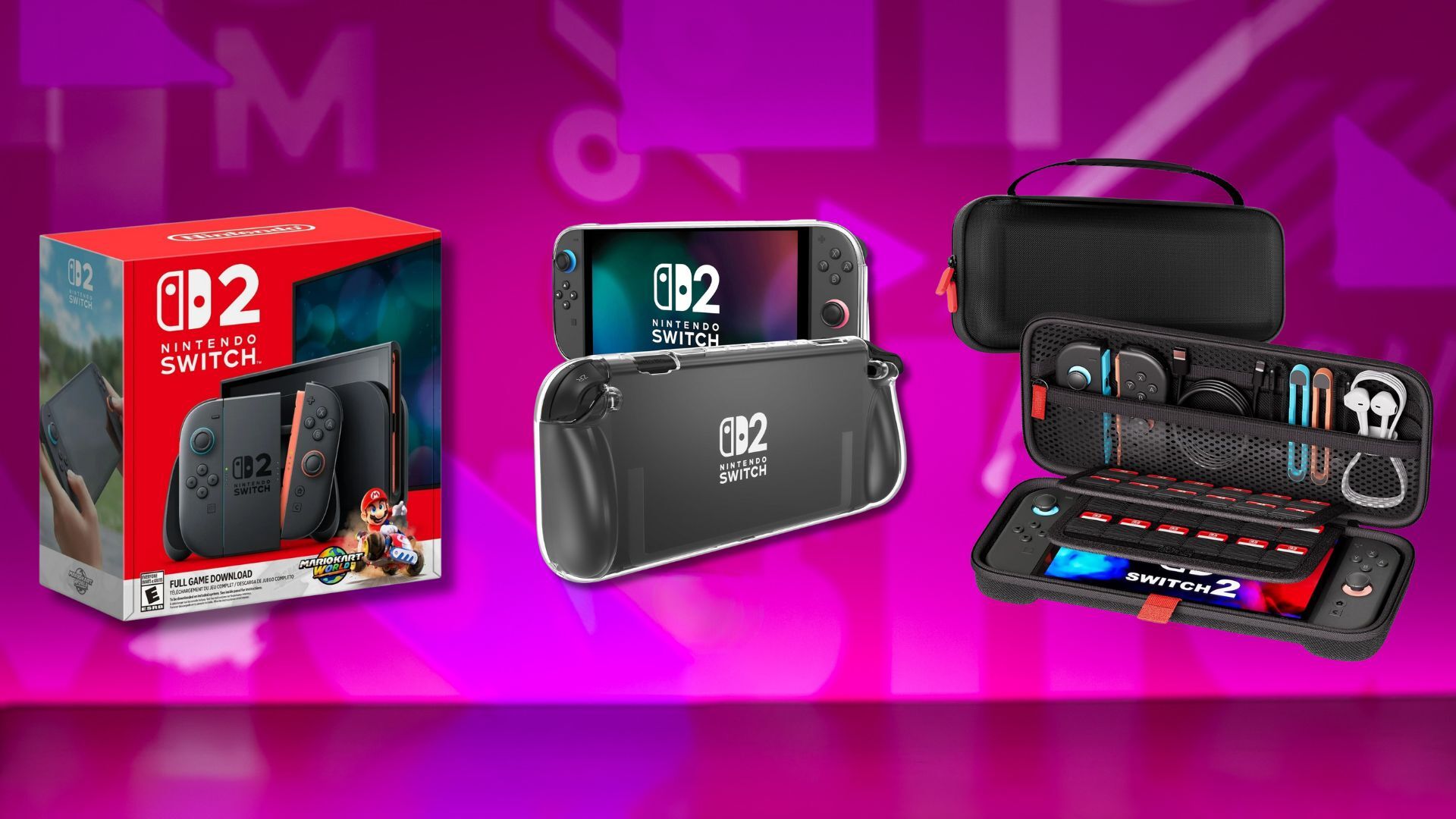 from left to right: a nintendo switch 2 and mario kart world bundle box, a switch 2 protective case, and a switch 2 carrying case against a pink patterned background