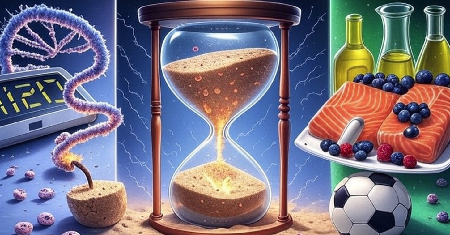 A cartoon of a sand glass with food and a football ball  AI-generated content may be incorrect.