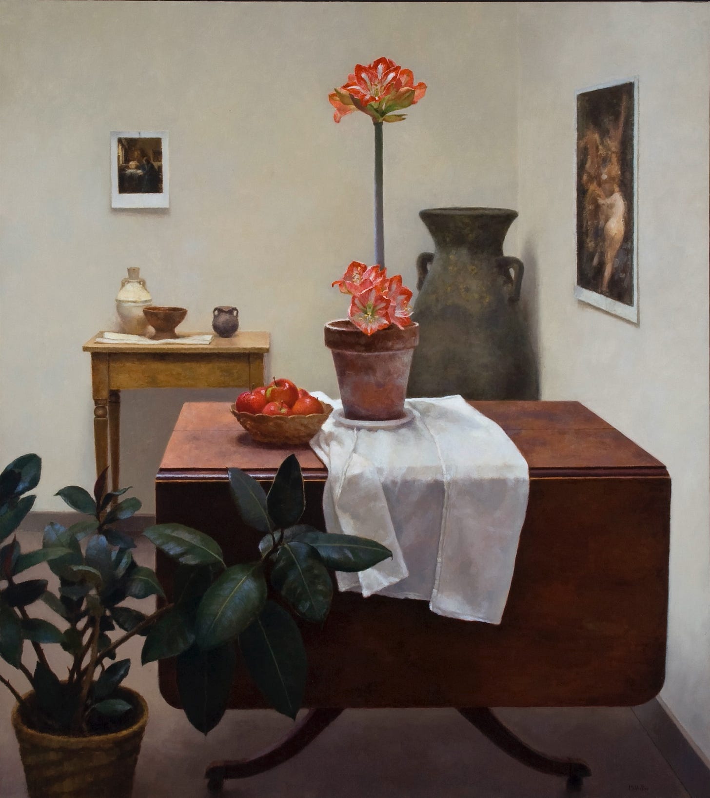 A painting of a vase and a flower on a table  Description automatically generated