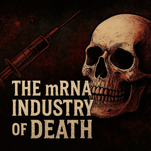 An illustration showging the message: 'The mRNA industry of Death'