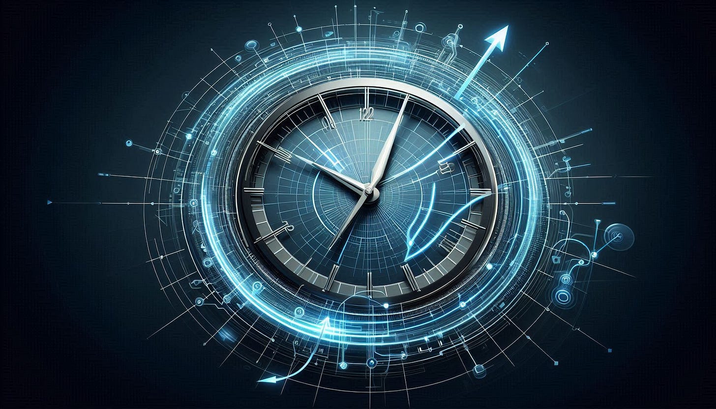 A clock face morphing into a line graph, with arrows showing future data predictionsvery minimalistic digital art, shiny, sharp focus, illustration, highly detailed, digital painting, concept art, no bloated, blue-ish colours 