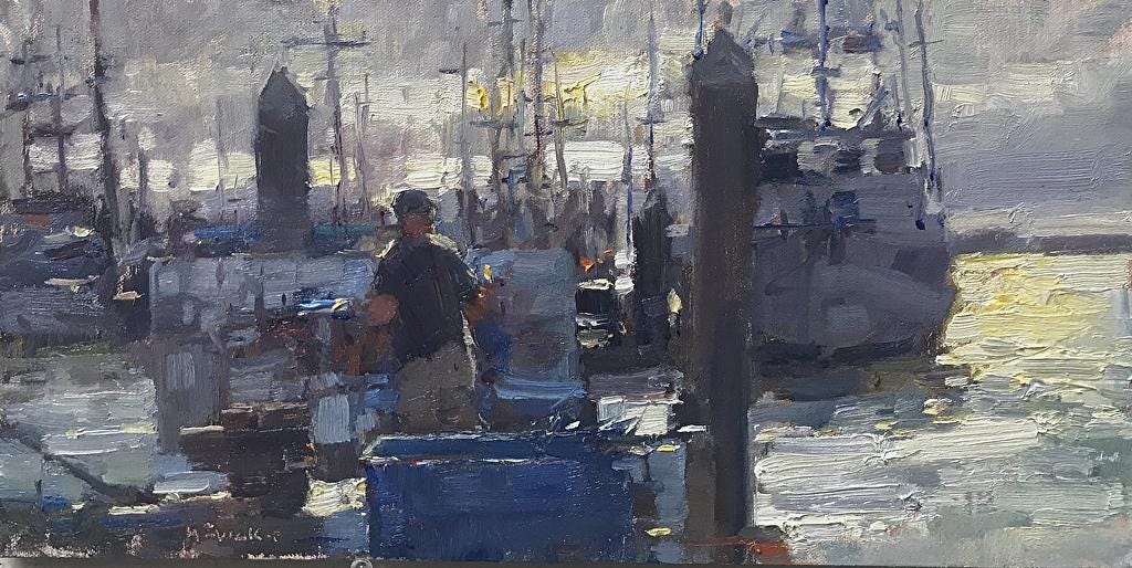 A painting of a person standing in a harbor  Description automatically generated