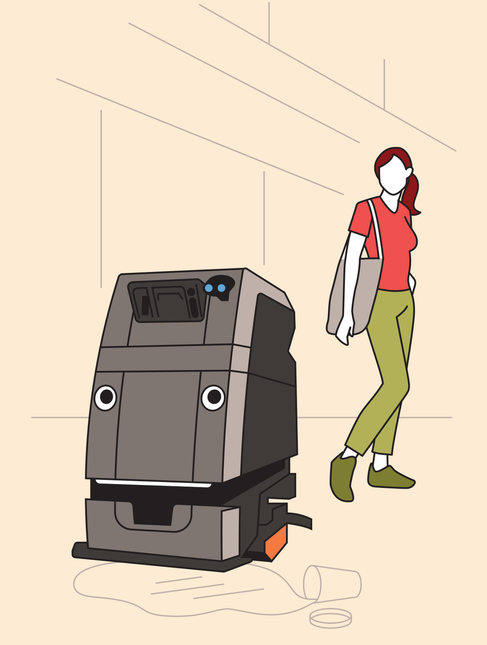 Illustration of a woman watching an automated floor cleaning robot cleaning up a spilled drink in the airport.
