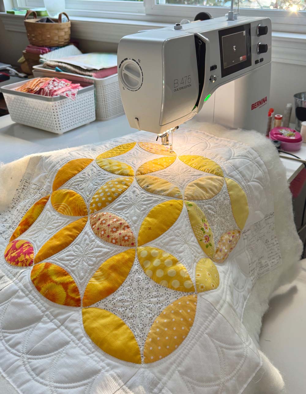 Orange peel quilt as it's free motion quilted on domestic sewing machine