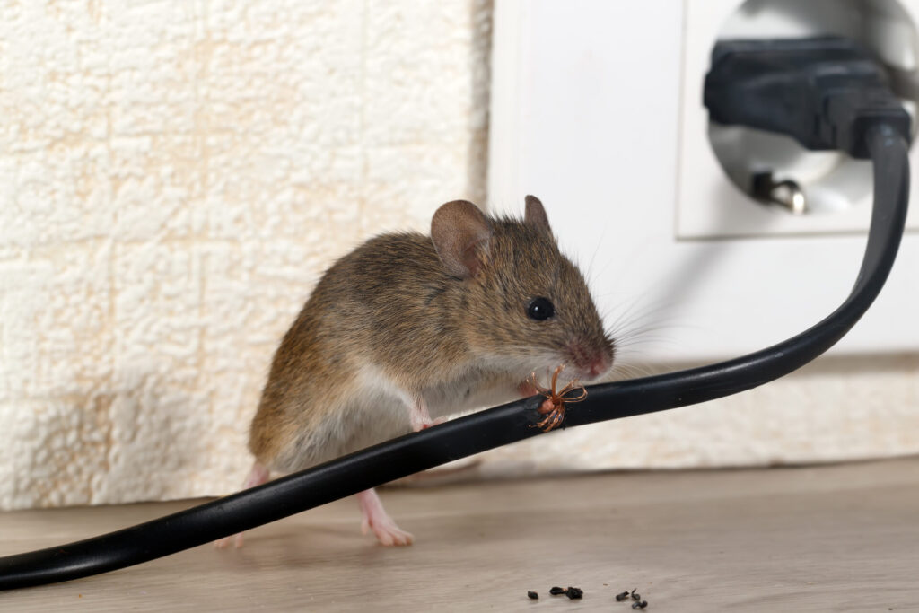 A closeup view of a brown-furred house mouse with pink feet and a light-colored belly gnawing on a black electrical cord