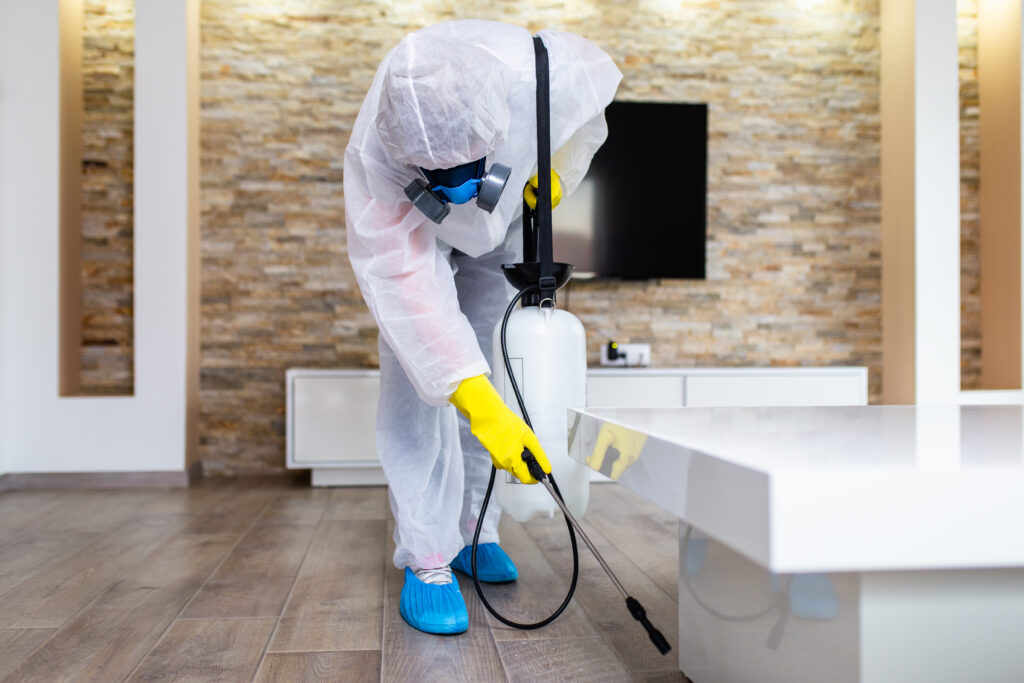 a termite control officer treating a living room