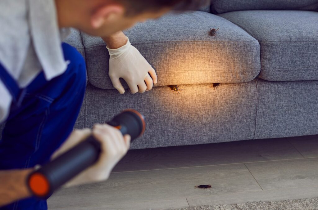 A pest control professional uses a flashlight to inspect a home, uncovering cockroaches in a gray fabric sofa