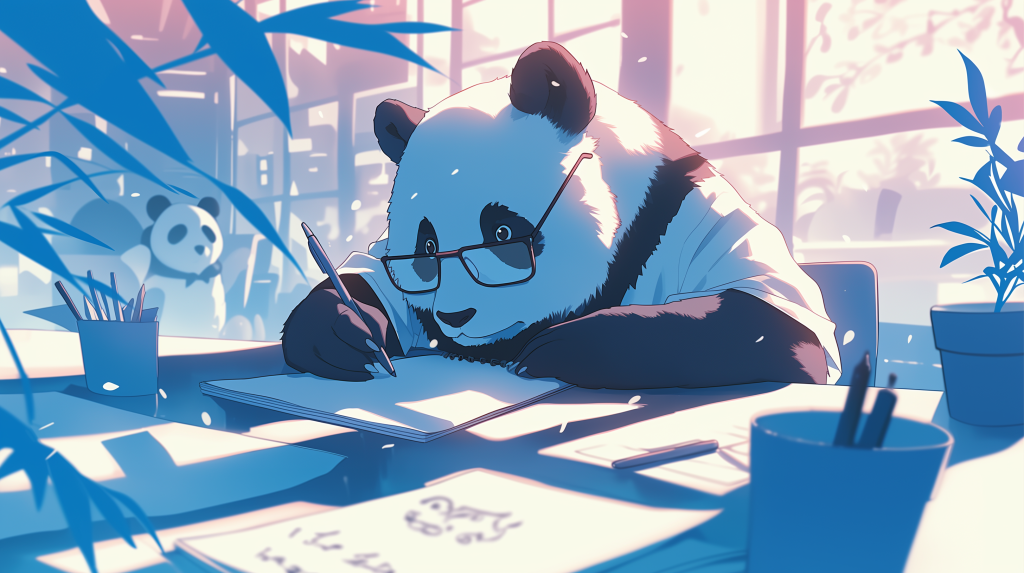 A panda deep sitting at a desk and writing in a notebook while deep in thought.