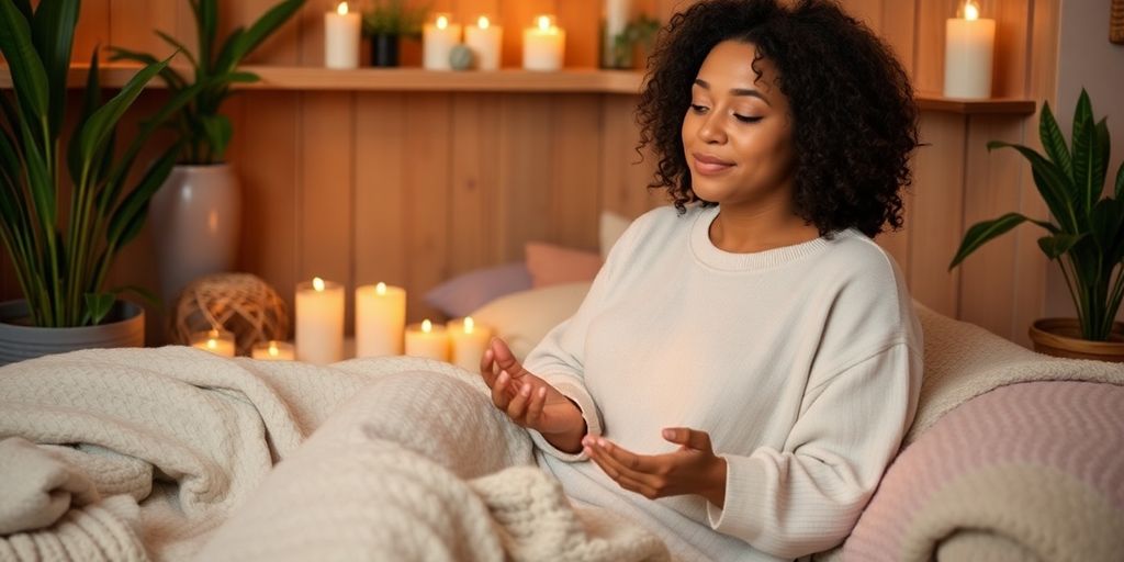 A woman enjoying self-care in a peaceful setting.