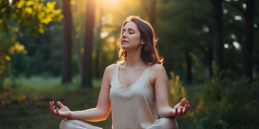 Woman meditating in nature, focusing on self-care.